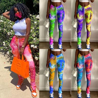 China 2021 QUICK DRY Autumn Women Tie Dye Sweat Pants Drop Yoga Pockets Cargo Gaiters Stacked Joggers Pants for sale