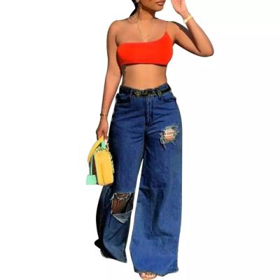 China Custom Friend QUICK DRY Woman Trousers Distressed Denim Pants Ripped Lady Wide Leg Jean Women Jeans for sale