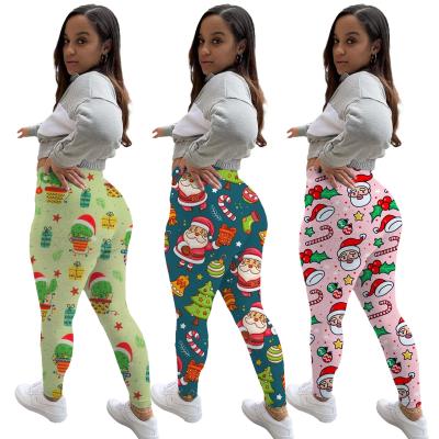 China 2021 New QUICK DRY Women Christmas Clothes Printed Women's Bodycon Pants And High Waist Christmas Pants Trousers for sale