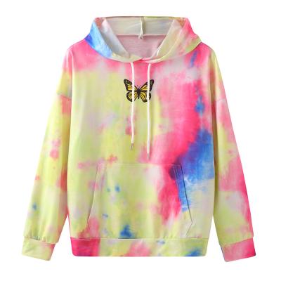 China 2021 Autumn Sale Winter Ladies Tie Dye Warm QUICK DRY Butterfly Printing Casual Pullover Hoodie For Women for sale