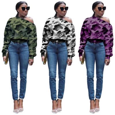 China Breathable New Product 2021 Fall Fashion Women Sweatshirts Long Sleeve Slash Neck Camouflage Ladies Tops for sale