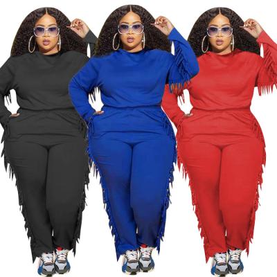 China Viable Women's Clothing 2021 Solid Color Sweater Suit Tassel Leisure Hooded Pants New Plus Size Two Piece Set for sale