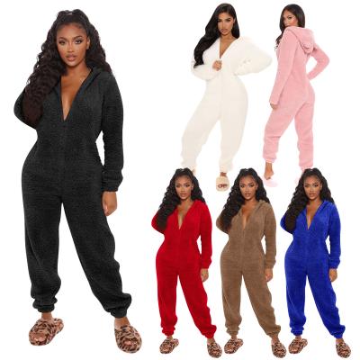 China Anti-pilling 2021 Solid Color Coral Velvet Fur Animal Warm Sleepwear Onesie Hoodies Overalls Pajamas For Women for sale