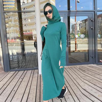 China Anti-wrinkle Female Wears 2021 Autumn Women Casual Solid Long Sleeve Long Dress Hooded Dress For Ladies for sale