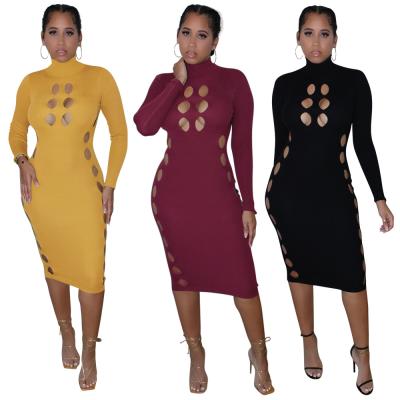 China Anti-Wrinkle 2021 New Arrivals Solid Long Sleeve Casual Dresses Thread Turtle Neck Dress For Women Hollow Out Long Dress for sale