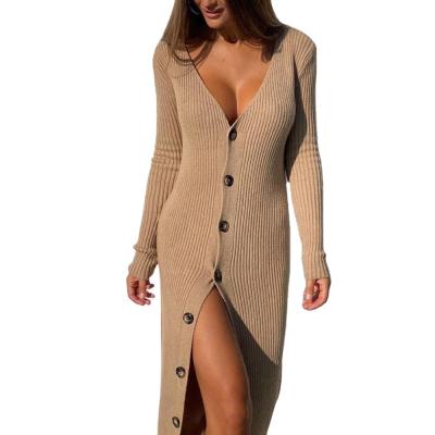 China Anti-static long sleeve V-neck straight pure color knitted long slim sweater dress 2021 autumn new winter for sale