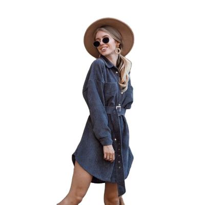 China 2021 New Autumn Women's Anti-Static Stain Long Dress Sale Lapel Fashion Dress Warm Corduroy Belt Shirt Dress for sale