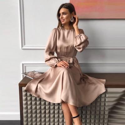 China Breathable Women Clothes Lantern Sheath A Line Dress O Neck Solid Color Satin Dress Long Dresses Women Clothing for sale