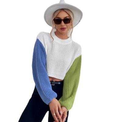 China Anti-wrinkle point raw sweater stitching hit female short sweater 2021 color navel autumn and winter new for sale