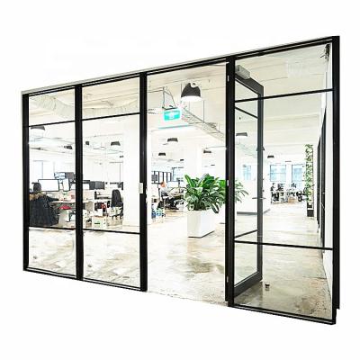 China Modern Commercial Front Swing Door With Black Entry Double Tempered Glass Casement Aluminum Alloy Frame Narrow Grid Design for sale