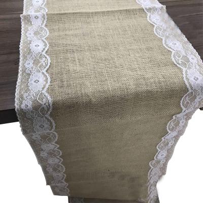 China Durable Burlap Burlap Table Runner With Lace Natural Jute Rustic Wedding Tablecloth for sale