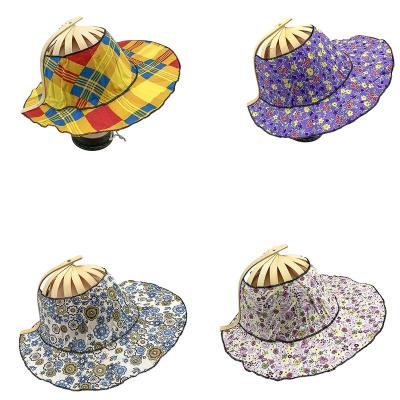 China Custom Character Chinese Bamboo Cloth Fan Hand Held Painted Floral Bamboo Folding Hat For Travel Hiking for sale