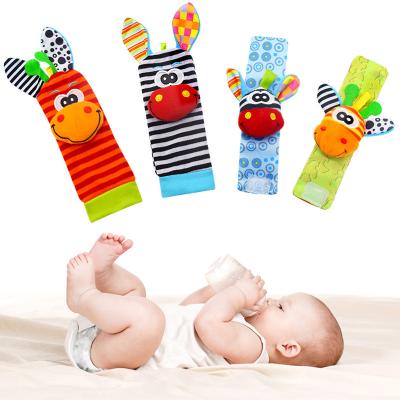 China Softly 0-24 months soft squeaker infant anlmal cartoon rattle other toys foot baby socks and wrist rattle for sale