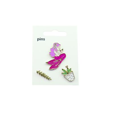 China Beautiful MIA 3pcs Package Nickel Free 2021 Cartoon Design Leaf, Cactus and Mermaid Alloy Metal Pin Brooch Pin Badges Set for sale