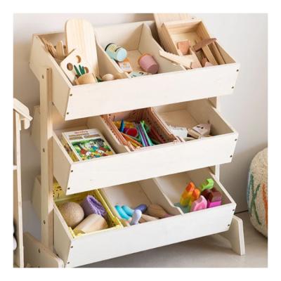 China New Design Children's Play Storage Wooden Book Case Nursery Room Furniture Kids Play Display Stand for sale