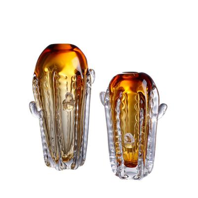 China Art Deco Diamond Star Creative Interior Ornament Luxury Cactus Amber Colored Glass Vases For Home Decor for sale