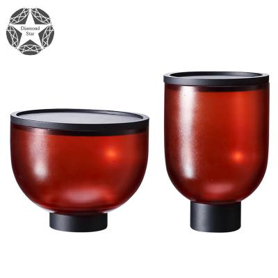 China Stocked Diamond Star Party Decoration Tureen Round Shape Candle Glass Jar With Wooden Lid for sale