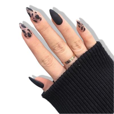 China Hot Sale Design Almond Water Drop Tip Frosted False Nail Manicure Coffin Leopard False Nail Tip Black Seamless Artificial Pressing Design for sale