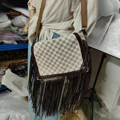 China European and American retro fashion tassel cross - body bag checkerboard plaid leopard print cow foreign trade bag for sale