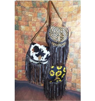 China European and American Fashion Bag Colorful Beads Women's Bag Leopard Print Cow Sunflower Cross-body Women's Bag Retro Tassel Bag for sale