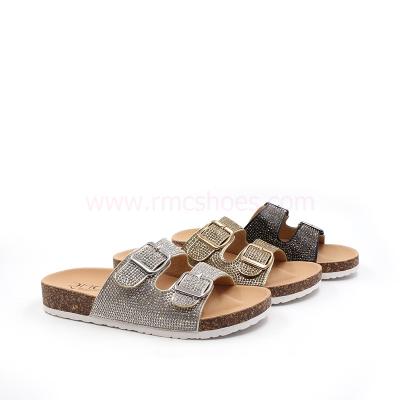 China RMC 2020 Deodorizing Two Buckles Full Crystal Stimulating Ladies Cork Slippers for sale