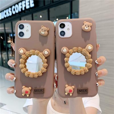 China Anti-fall Cartoon Cute Brown Bear Make Up Back Mirror Covers For Samsung A12 A21S A32 A42 A01 S21 NOTE20 Ultra A82 A11 Cell Phone Cases for sale