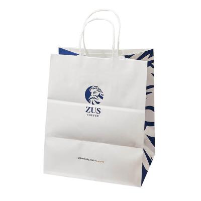 China Custom Design Printing Design White Handle Restaurant Biodegradable Kraft Takeaway Paper Bags Custom Paper Bag With Your Own Logo en venta