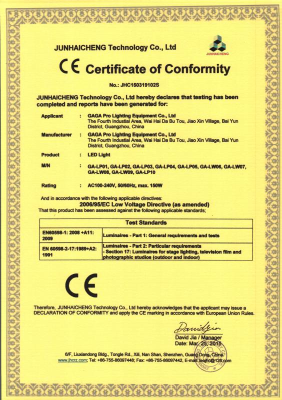 CE Certificate - GAGA PRO LIGHTING EQUIPMENT CO.,LTD