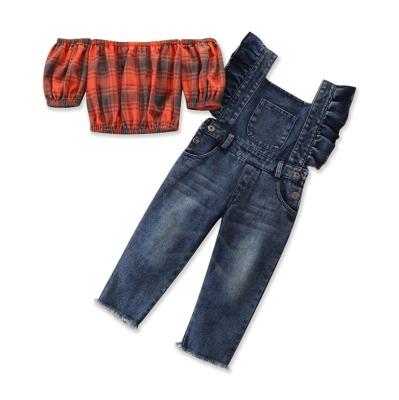 China HIGH STREET Baby Kids Sweater Pants Jeans Trounsers With Plaid Collarless Tops For Girl for sale