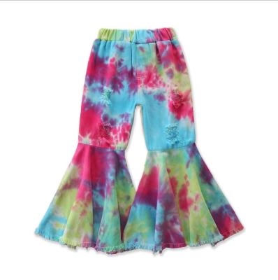 China Anti-wrinkle unicorn tie dye spandex bell bottom piled pants for baby kids pants jeans for sale