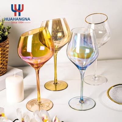 China New Classic/Postmodern Hot Selling Amazon Custom Unique Design Multiple Color Logo Slanted Crystal Goblet Wine Glasses Hand Blown For Restaurant Hotel for sale