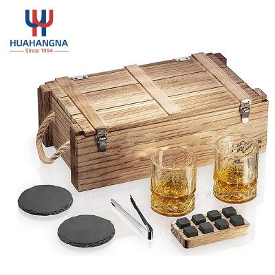 China New Classic/Postmodern Unique Whiskey Stones Gift Set Granite Whiskey Rocks Cooling Stones and 10oz Whiskey Glasses with Rustic Wooden Case for sale