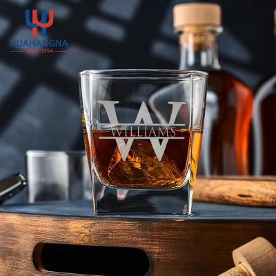 China New Custom Classic/Postmodern Logo Lead Free Classic Lowball Personalized Clear Monogram Etched 9oz Square Whiskey Rocks Glass For Party Wedding Bar for sale