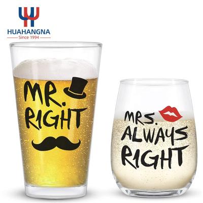 China New Custom Made Funny Wholesale Classic/Postmodern Food Grade Printed Beer Glass And Stemless Wine Glass For Wedding Anniversary Birthday for sale