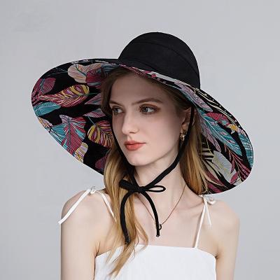 China New Large Brim Sunscreen Fishing Hats Leaf Pattern Folding Sun Hat Summer Female Cavity Off The Top Ponytail Big Brim Sunscreen Fishing Hats For Women for sale