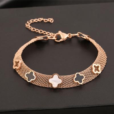 China FASHIONABLE Amazon Hot Sale Clover Shell Women Bracelets Stainless Steel Mesh 18K Gold Bracelet for sale