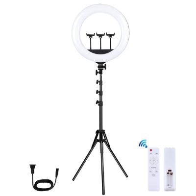 China PULUZ Shine 18 Inch 46cm Dimmable USB LED Ring Light Fill Lights 1.8m Tripod Bracket Kits with 3 Mobile Phone Remote Control and Holders for sale