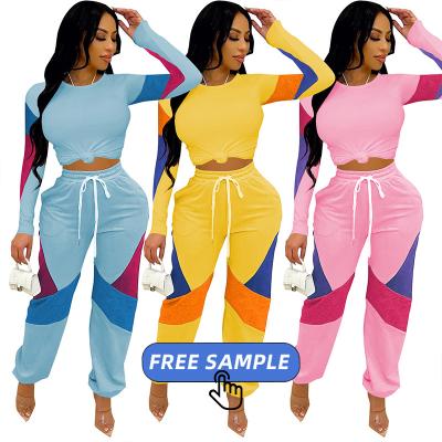 China Free sample QUICK DRY custom 2021 drop wear color blocking patchwork tops team 2 two piece sports tracksuits long clothing set for women for sale