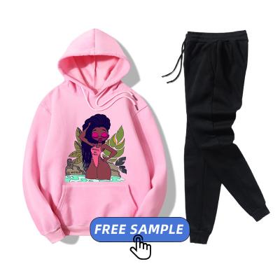 China Free Sample Anti-wrinkle 2021 Drops Black Cute Girl Pattern M-3XL Custom Made Plus Size Oversized Women's Hoodies And Pants Two Pants With Pockets for sale