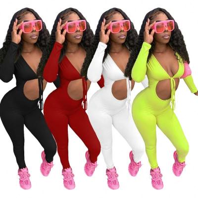 China New Arrivals Solid Color Women Bodycon Jumpsuit Deep Stretch Long Sleeve V Neck Anti-Wrinkle One-Piece Overalls for sale