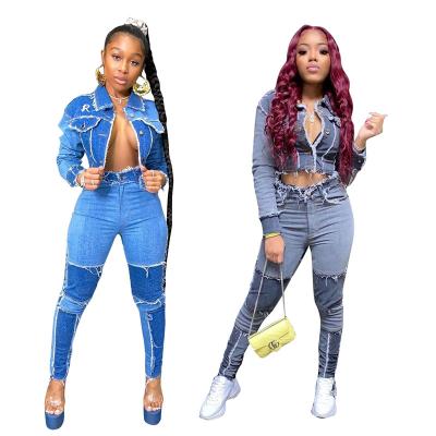 China New QUICK DRY Women's Jean Jacket Denim 2 Piece Sets Women's Two Piece Vintage Patchwork Jeans Set 2021 for sale