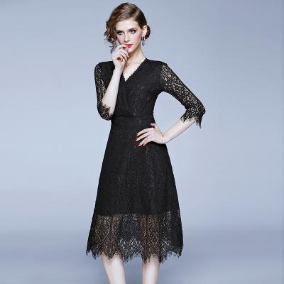 China Anti-Static Lady V Neck Dresses Women Elegant Three Quarter Sleeve Black Lace Dresses for sale