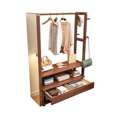 China Extendable YMSC Multi Coat Rack With Wheel Full-body Dressing Mirror Storage Clothes Rack With Adjustable Mirror for sale