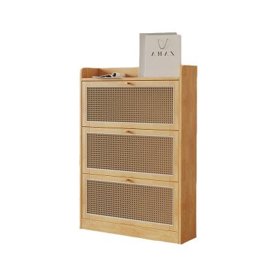 China Extendable YMSC Vintage Design Reversible Shoe Cabinet Wooden Shoe Rack Rattan Shoe Cabinet for sale