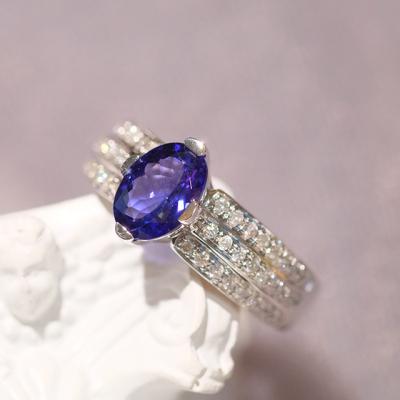 China Romantic 3 Rows Diamond Ring Tanzanite Natural Faith Ring Diamond Paved in 14K White Gold for sale