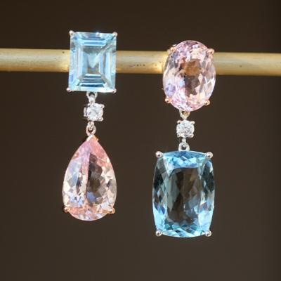 China TRENDY Asymmetric Earrings Aquamqrine Blue and Pink Morganite Gemstone Earrings for sale