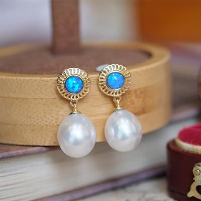 China Baroque Blue Fashionable Style Opal Earrings With Baroque Pearls Ear Studs In 14K Yellow Gold for sale