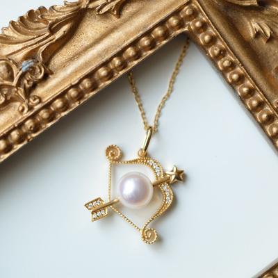 China Real Diamonds Real Solid Gold Cupid Pearl Charm Arrows and Pearl Pendant Necklace Jewelry for sale