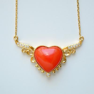 China Charm Bijoux Jewelry Red Coral Necklace made to order in 14K 18K 24K yellow gold heart necklace with Angel Wings for sale