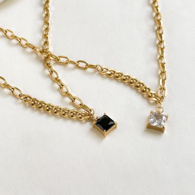 China INS Lead Free Nickel Free Hot Selling Aretas Cuban Chain Necklace Gold Plated Waterproof Gemstone White Black Zircon Square Non Tarnish Pendant Necklace for sale